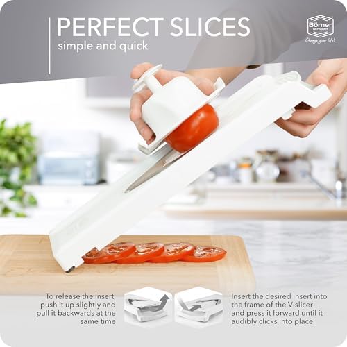 Börner Mandoline Slicer V3 (Starter Set) • V-Slicer for 5 Cutting Styles with Fruit Holder • Adjustable Vegetable Slicer for Vegetables & Fruits • Stainless Steel V-Blade • Color: White - Image 6