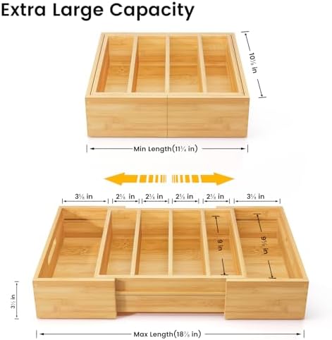 Expandable Bamboo Lid Organizers Inside Cabinet, Kitchen Cabinet Organizers with 3 Adjustable Dividers, Storage Plastic Lids, Food Container Lid Holder Organizer for Drawer Pantry, Nature