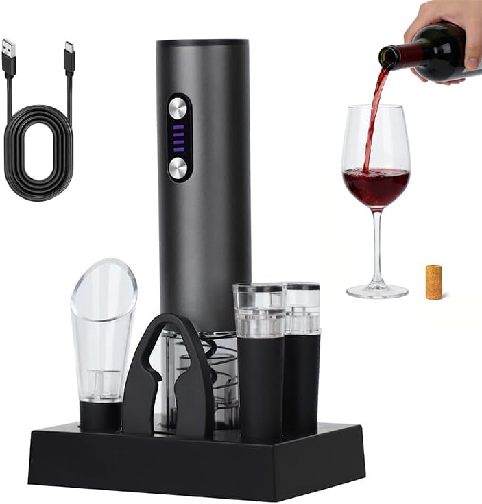 Rechargeable Electric Wine Opener 7-in-1 Gift Set, Automatic Wine Bottle Opener with Charging Base, Foil Cutter, Aerator Pourer & 2 Vacuum Stoppers for Wine Lovers