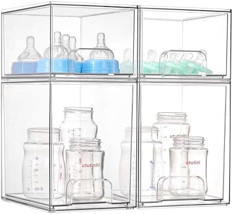 Clear Stackable Storage Drawers Set of 4, Baby Bottle Organizer