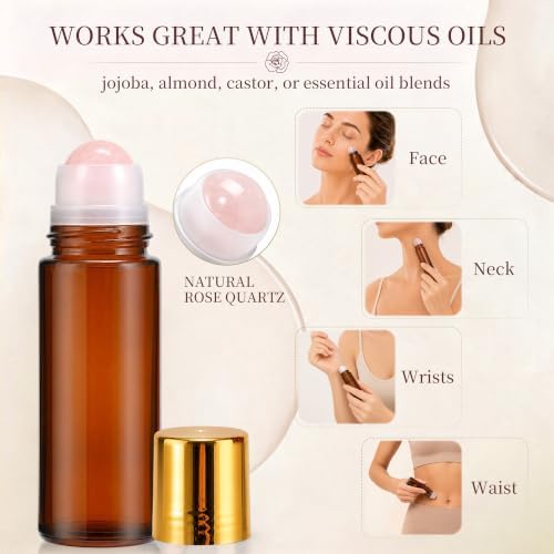 Roller Ball Applicator,Rose Quartz Roller Bottle,50ml Refillable Amber Glass Roll On Bottles with Natural Crystal Roller Balls,Leak-Proof Travel Perfume Bottle with Gold Caps (Pink+Purple) - Image 5