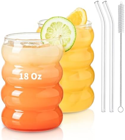 2PCS Wave Bubble Beverage Glasses With Straws, 18 Oz Vintage Glass Cups, Aesthetic Iced Coffee Glasses, Ripple Glassware, Beer Glasses - Stylish Drinkware for Every Occasion