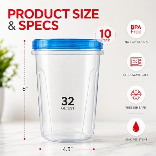 Freezer Storage Containers, 10 Pack, 32 Oz Leakproof BPA-Free Lids