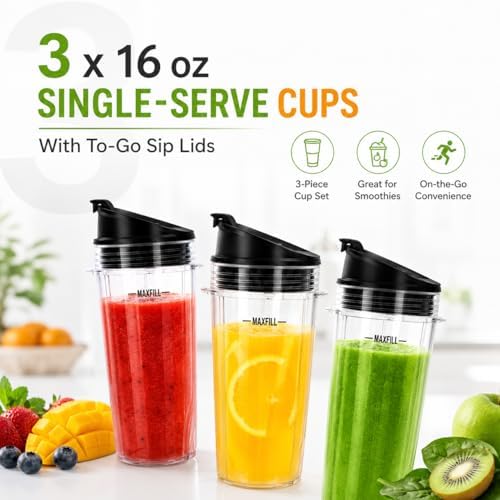 16 oz Ninja Blender Cups Replacement, 3 Pack Cups with Lids, Compatible with QB3001SS, BL660, BL770, BL780, BL740, BL810, 4-Tab Nutri Ninja Blender Cups - Image 4