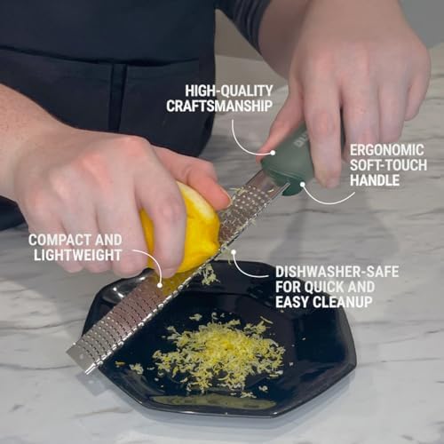Microplane Home Series Zester & Cleaning Brush - Stainless Steel Citrus, Cheese, Ginger, Chocolate, Nutmeg Grater - Soft-Touch Handle - Made in USA - Rosemary Green