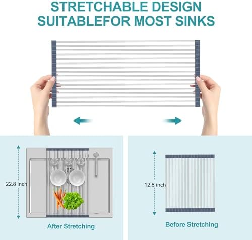 Extra Large Expandable Roll Up Dish Drying Rack,Over The Sink Drying Rack Sink Cover Kitchen Sink Accessories Kitchen Rolling up Stainless Steel Drainer, Foldable,Rollable（Gray，22.8''-12.4''）