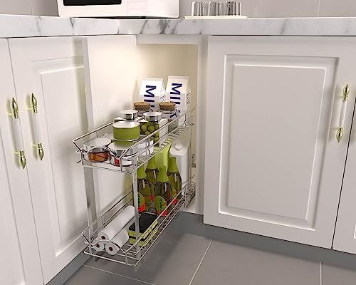 Slide Out Cabinet Organizer for Narrow Cabinet (5" W X 17" D), 2 Tier Pull Out Shelves Slim Sliding Cabinet Organizer and Storage, Chrome