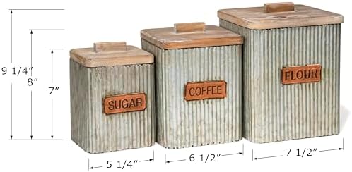 Set of 3 Pre-Labeled Sugar, Coffee & Flour Distressed Metal Storage Canister Jars with Wooden Lids