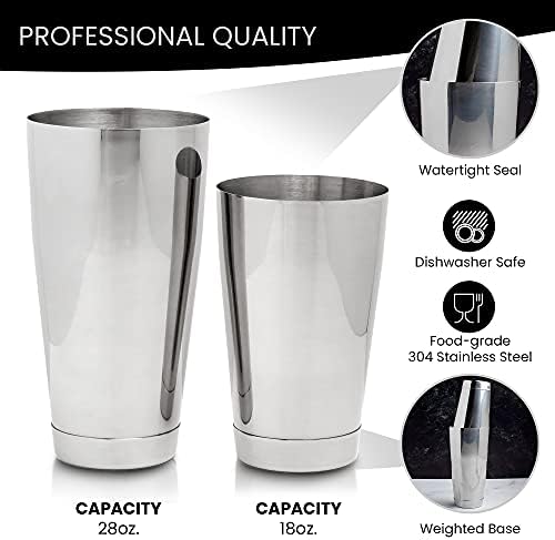 Professional Bartending Set for Shaken and Stirred Drinks: Boston Cocktail Shaker, Hawthorne Strainer, Japanese Jigger, Bar Spoon and Crystal Mixing Glass