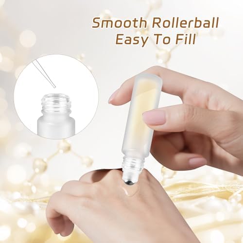 20 Pack 10ml White Frosted Glass Roller Bottles with Wood Grain Caps Roll-On Containers for Skincare and Liquid Blends - Image 4
