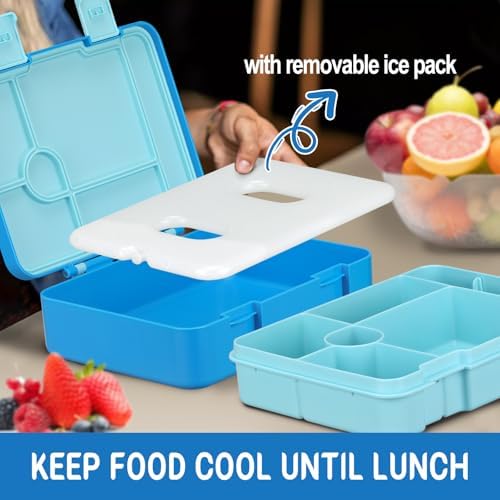 Kids Bento Lunch Box with Ice Pack, 5 Compartments Leak-Proof Bento Box with Utensils, 5.5-Cup Capacity for Adults & Ages 8+, BPA Free, Microwave & Dishwasher Safe, Blue