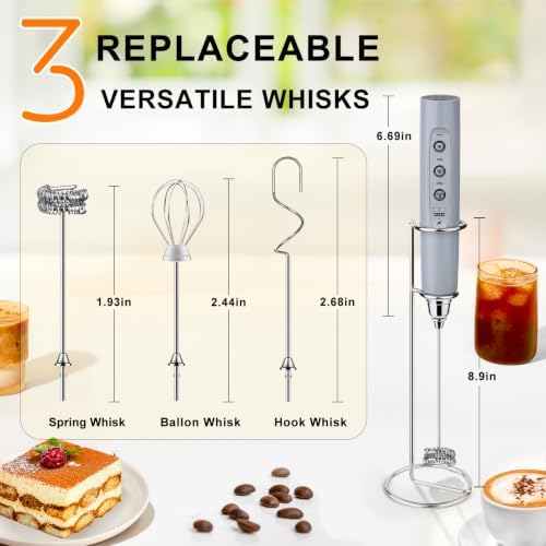 YUSWKO Rechargeable Milk Frother for Coffee, Handheld Drink Mixer with 3 Heads 3 Speeds, Ideal Electric Stirrers for Travel - Image 2