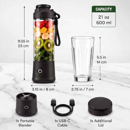 SSKAWorldwide Portable Blender 21oz – Rechargeable and Wireless Mini Personal Blender for Shakes and Smoothies, 4000mAh Battery & 6 Blades for Protein Shakes, Fruit Juicer, Gym & Travel (Black) - Image 2