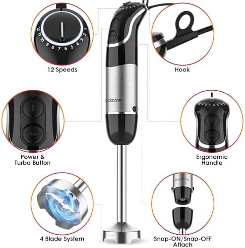 Blackcow Corded Immersion Blender Handheld for Kitchen,Stainless Steel Emulsion Blender Handheld with Hook,Electric Hand Mixer with 12-Speed&Turbo,for Smoothie,Soup,Baby Food and Drinks - Image 4