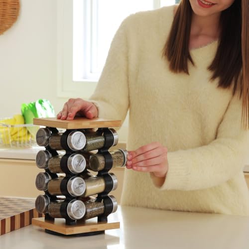 16 Jar Rotating Bamboo Spice Rack with Spices Included & 5-Year Spice Refill Program – Compact Countertop Spice Rack with Glass Jars
