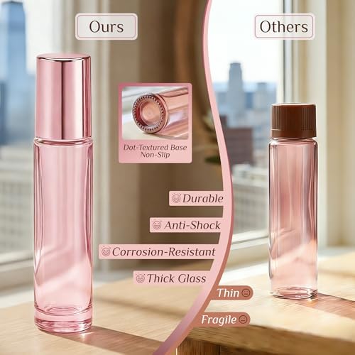 PrettyCare 4 Pack, 10 ml Essential Oil Roller Bottles with Stainless Steel Roller Ball - Refillable Leak-proof Empty Thick Pink Glass Roll on Bottles with Pink Caps for Travel, Perfume - Image 5