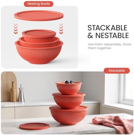 GENICOOK 3 Set Red Ribbed Glass Mixing Bowls Set with Lids, BPA Free - Image 4