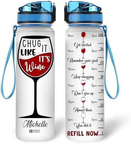 Personalized Chug It Like It's Wine Water Bottle - 32oz Motivational Water Bottle with Time Marker & Leak-Proof Lid - Custom Name Gift for Wine Lovers, Women, Men - Birthday & Christmas Gift