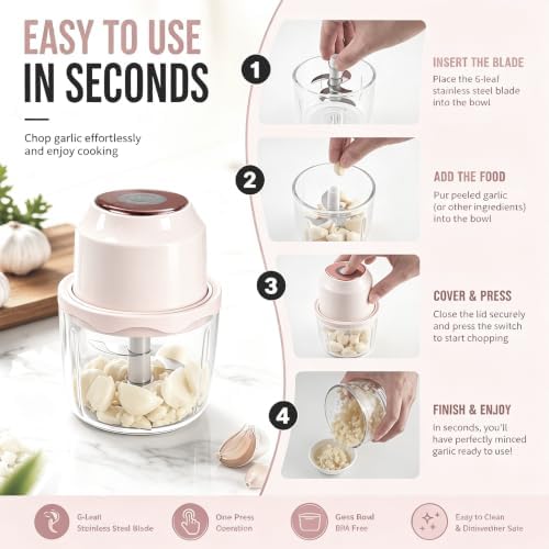 350ML Electric Garlic Meat Grinder, Wireless USB Rechargeable Food Chopper, 6-Blade High-Speed Chopper, Mini Convenient Kitchen Mixer for Garlic and Meat (Pink) - Image 6