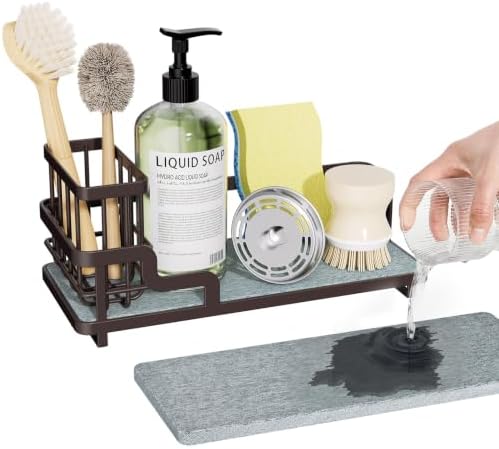 Sponge Holder for Kitchen Sink - Sink Caddy Organizer with Water Absorbing Stone Tray, Detachable Brush Holder, Stainless Steel Kitchen Counter Organizer Rack, Bronze