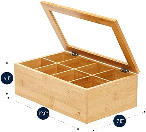 Big Natural Bamboo Tea Storage Organizer, Clear Acrylic Top, 8 Compartments