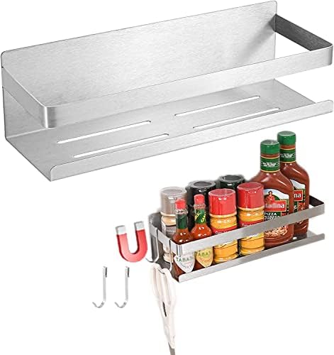 Magnetic Spice Rack for Refrigerator Spice Organizer, Strong Magnetic Shelf with 2 Removable Hooks Space Saver for Refrigerator and Microwave Oven, Metal Fridge Shelf(1 pack Silver)