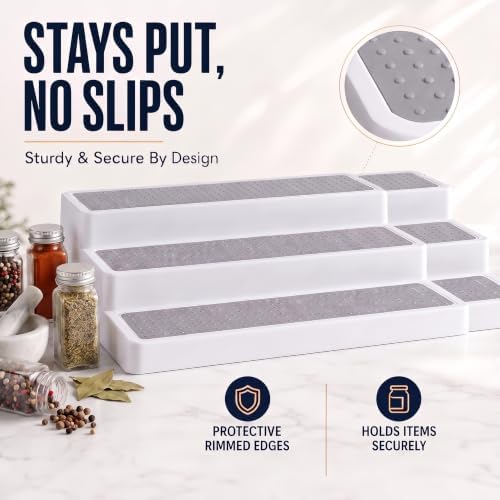 Plastic 3-Tier Expandable Spice Rack, Adjustable Length, Stability with Non-Skid Shelf, For Easy Visibility, Organizer for Kitchen Cabinet, Pantry or Countertop, (2-Pack), White/Grey