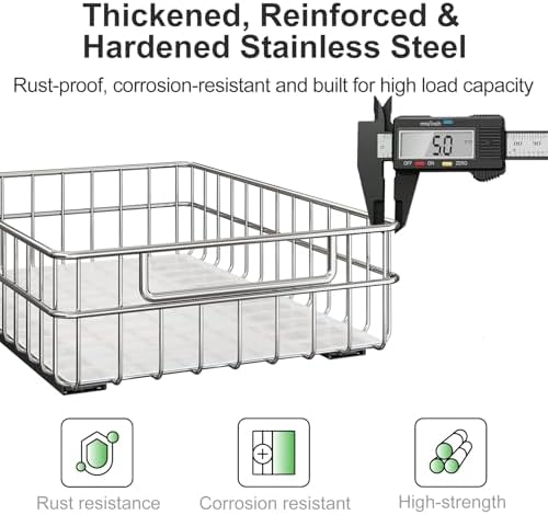 Pull out Cabinet Organizer, Stainless Steel 2-Pack Slide out Drawer with Silent Full-Extension Slides, Adhesive Roll out Can Spice Storage Basket Shelf Rack for Pantry, Kitchen, Bathroom, Home Closet