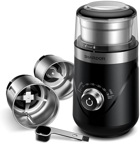 SHARDOR Electric Super Silent Blade Coffee Grinder, Timed Grind Control Rotary Knob, Adjustable Coarse to Fine for Coffee Beans, Spices & Herbs, with 2 Removable Stainless Steel Bowls, Black by Shardor