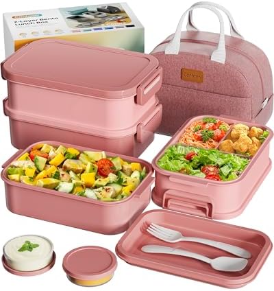 Adults Bento Box with Thermo Bag, 74oz Capacity 3 Stackable, Pink