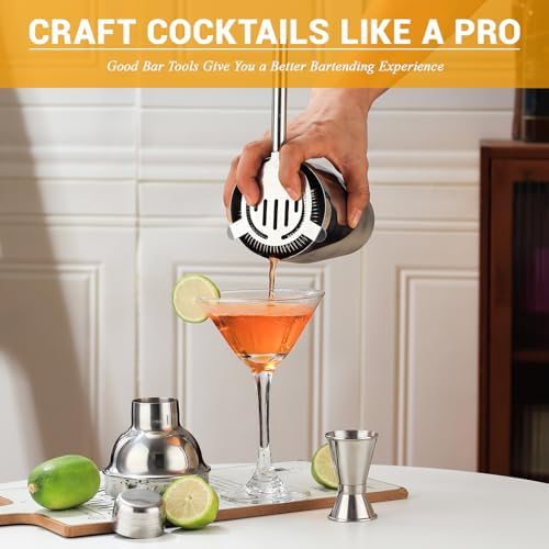 Bartender Kit Cocktail Shaker Set, Stainless Steel Cocktail Kit with 12 Piece Bar Accessories, 25oz Shaker Bar Set Drink Mixer Set with Stand Jigger Strainer Spoon Muddler for Cocktails (Silver)