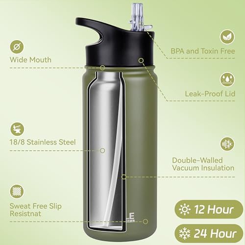 Insulated Water Bottle Kids 16 oz Double Wall Vacuum Stainless Steel Water Bottle Leak Proof for School Wide Mouth with Straw Lid & Spout Lid Keeps Cold and Hot(Army Green,1pack)