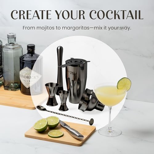 Rustic Cocktail Shaker Set – Includes Wood Stand, Complete Barware Kit with 24 Oz Shaker, Dual Jiggers, Pourers, Muddler, Strainer – Perfect for Home Bartenders (Gun-Metal Black)
