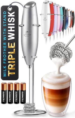 Zulay Kitchen Powerful Milk Frother Wand With Duracell Batteries - Ultra Fast Handheld Drink Mixer - Electric Whisk Foam Maker for Coffee, Lattes, Cappuccino & Matcha - Triple Whisk - Luminous Silver by ZulayKitchen