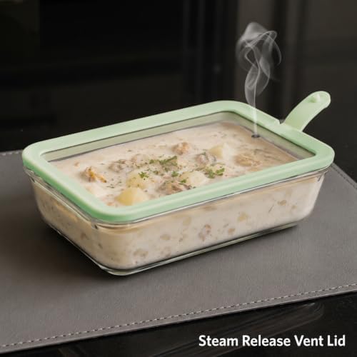 Glass Food Storage Containers, Set of 3 - Airtight Vacuum Sealed Steam Vent Lids - Rectangular Borosilicate Glass Dishes with Ombre Green Lids - Assorted Sizes for Meal Prep & Leftovers, Sage