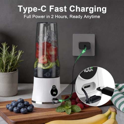 Portable Blender for Smoothies & Shakes, 17oz Personal Blender with 6 Stainless Steel Blades, USB-C Rechargeable, LED Display, Compact Travel Juicer with Extra Lid for Gym, Office & On-the-Go, White - Image 5