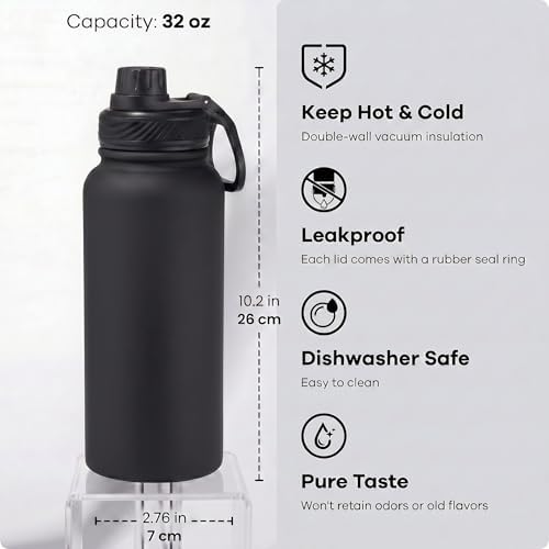 Black 32 oz Insulated Metal Stainless Steel Water Bottle 2 Lids