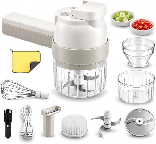 5-in-1 Handheld Wireless Electric Vegetable Chopper,Multi-Function Food Processor Multi-function for Chopping, Slicing, Grating and Whisking Garlic, Vegetables, Fruit, Eggs and Salad Prep (White) by Unknown