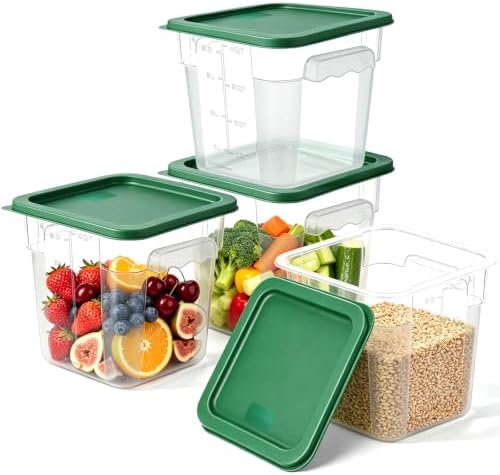 4Pack - 4QT Food Storage Containers with Lids & Handles, Polycarbonate Clear Airtight Food Container with Scale Marks for Bread Proofing, Flour, Commercial Grade, Restaurant & Kitchen, Square, Green