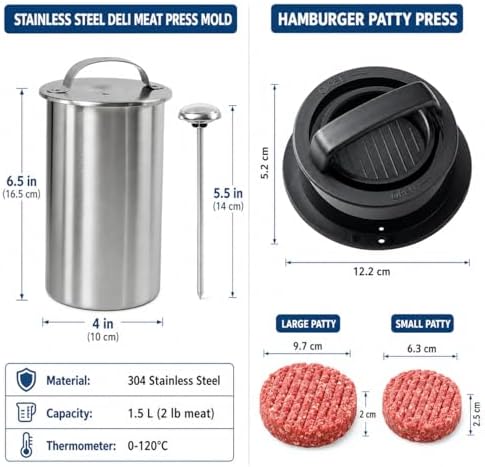 304 Stainless Steel Ham Press Maker with Thermometer Stainless Steel Burger Press-for Homemade Healthy Lunch Meat - Professional Spring-Loaded Meat Cooker Machine for Chicken, Pork, Beef & Seafood - Image 2