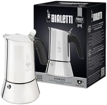 Venus Induction, Stovetop Coffee Maker, Suitable for all Types of Hobs, Stainless Steel, 4 Cups (5.7 Oz), Silver