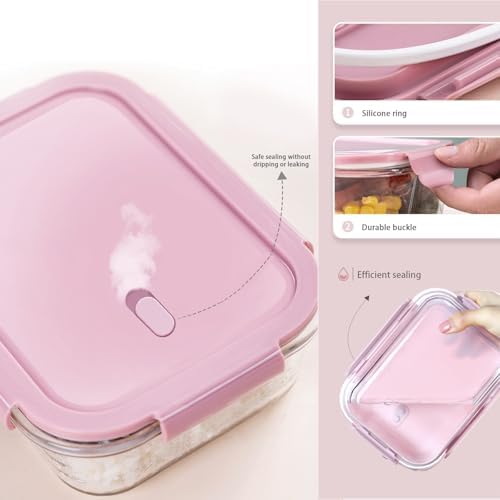4Pack 13oz/0.37L Glass Meal Prep Containers with Lids, Glass Storage Containers with Lids, BPA-Free, Pantry Organizers and Storage, Freezer to Oven Safe (Pink)