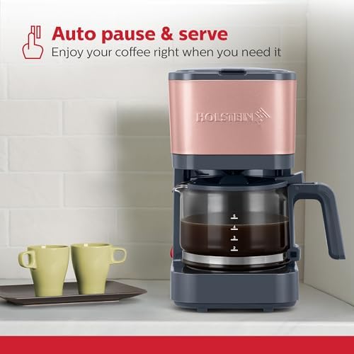 Holstein Housewares 5 Cup Coffee Maker – Compact Drip Coffee Machine with Auto Pause & Serve, Reusable Filter, Glass Carafe, Water Window & Warming Plate. Dark Grey & Rose Gold - Image 3