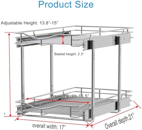 2 Tier Pull Out Cabinet Organizer (17" W X 21" D), Double Tier Wire Basket Slide Out Shelf Storage for Kitchen Base Cabinet, Chrome Finish