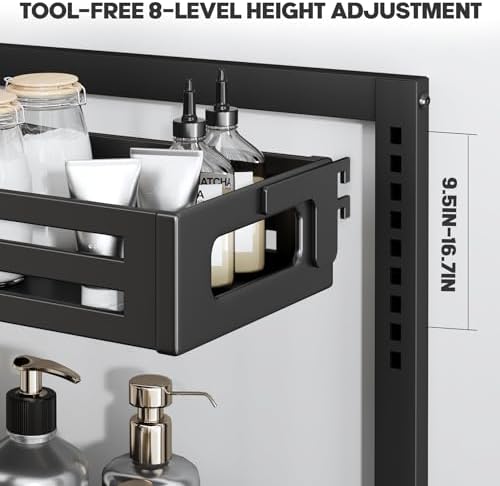 2 Pack Under Sink Organizer,Pull Out Cabinet Organizer with Smooth Cylindrical Rail,Metal Slide Out Drawer for Kitchen Bathroom Laundry Cabinet,8-Level Tool Free Height Adjustable-Black