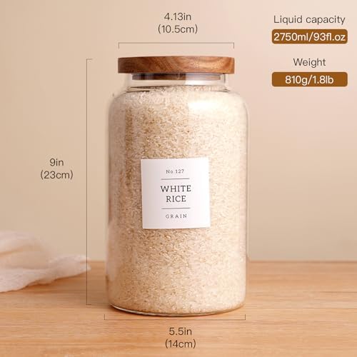 Set of 2 Large Glass Jar with Airtight Acacia Lid and 132 Kitchen Pantry Labels, Clear Glass Food Storage Jars Containers for Rice Flour Pasta Sugar Coffee Cookie and More(98 Fl Oz/2800 Ml)