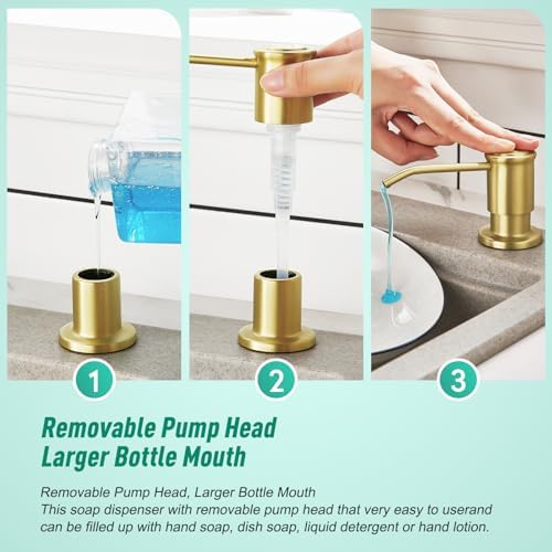 Brushed Gold Kitchen Soap Dispenser Countertop Soap Dispenser for Kitchen Sink, Built in Sink Soap Dispenser for Bathroom ​with 39" Tube Large Capacity 17 OZ Bottle
