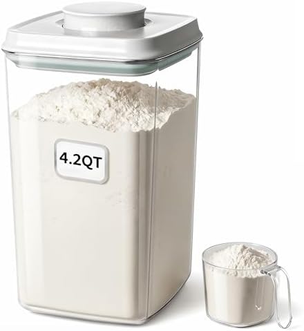 Pop Airtight Food Storage Container with Lid, 4L/4.2qt Large Cereal Flour Sugar Storage Container with Scoop, One Button Opening, BPA-Free, Kitchen Pantry Organization and Storage