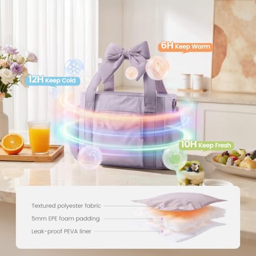 Insulated Lunch Box for Women,Adult Lunch Cooler Tote Bag with Bow