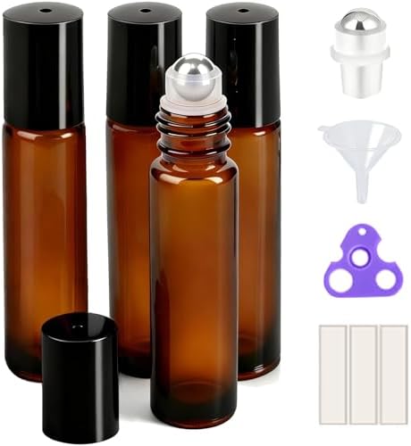 PrettyCare 4 Pack 10 ml Amber Glass Roller Bottles for Essential Oil with Stainless Steel Roller Ball - Refillable Leak-proof Empty Roll on Bottles with Black Caps for Travel, Perfume,Lab by PrettyCare